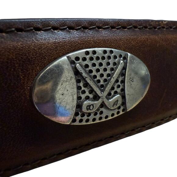 PGA Tour Leather 34 Golf Belt Oil Tanned Silvertone Medallions Engraved Buckle - Picture 5 of 6
